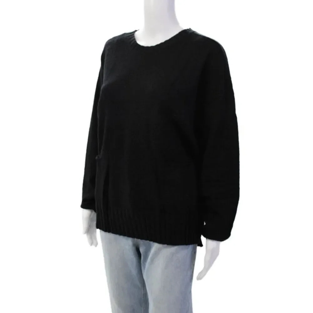 Renuar Womens Front Pockets Crew Neck Pullover Sweater Top Black Size XL